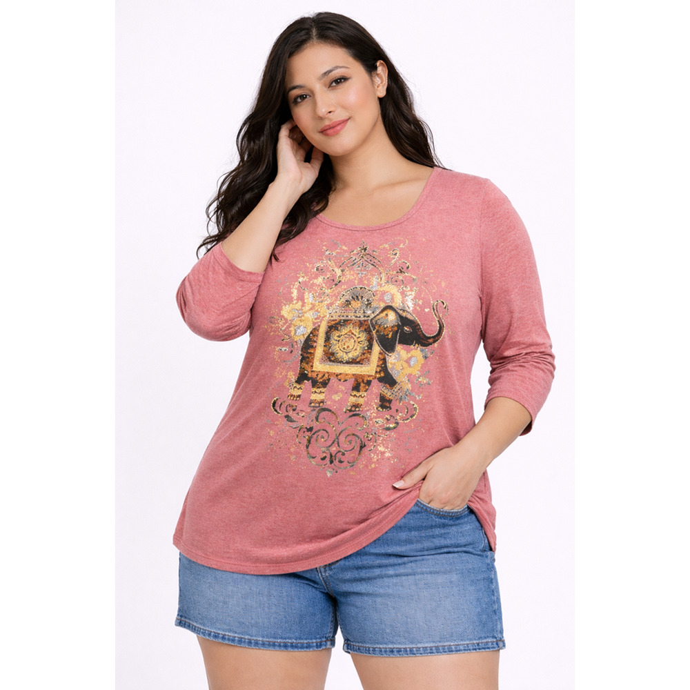 T-Shirt Women Elephant Metallic Boho Indie Whimsycore Dusty Coral High Low Sz XL